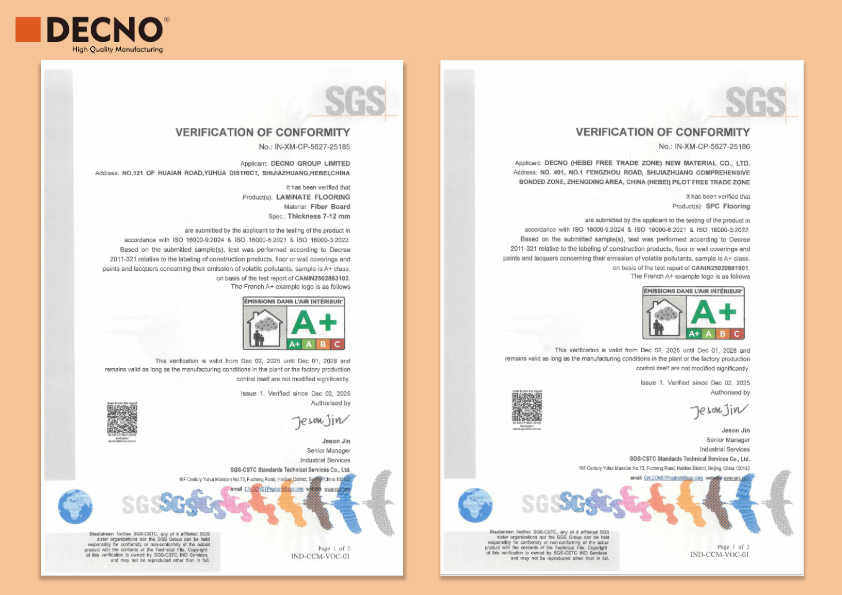 Los suelos SPC y laminados de DECNO obtienen la certificación francesa A